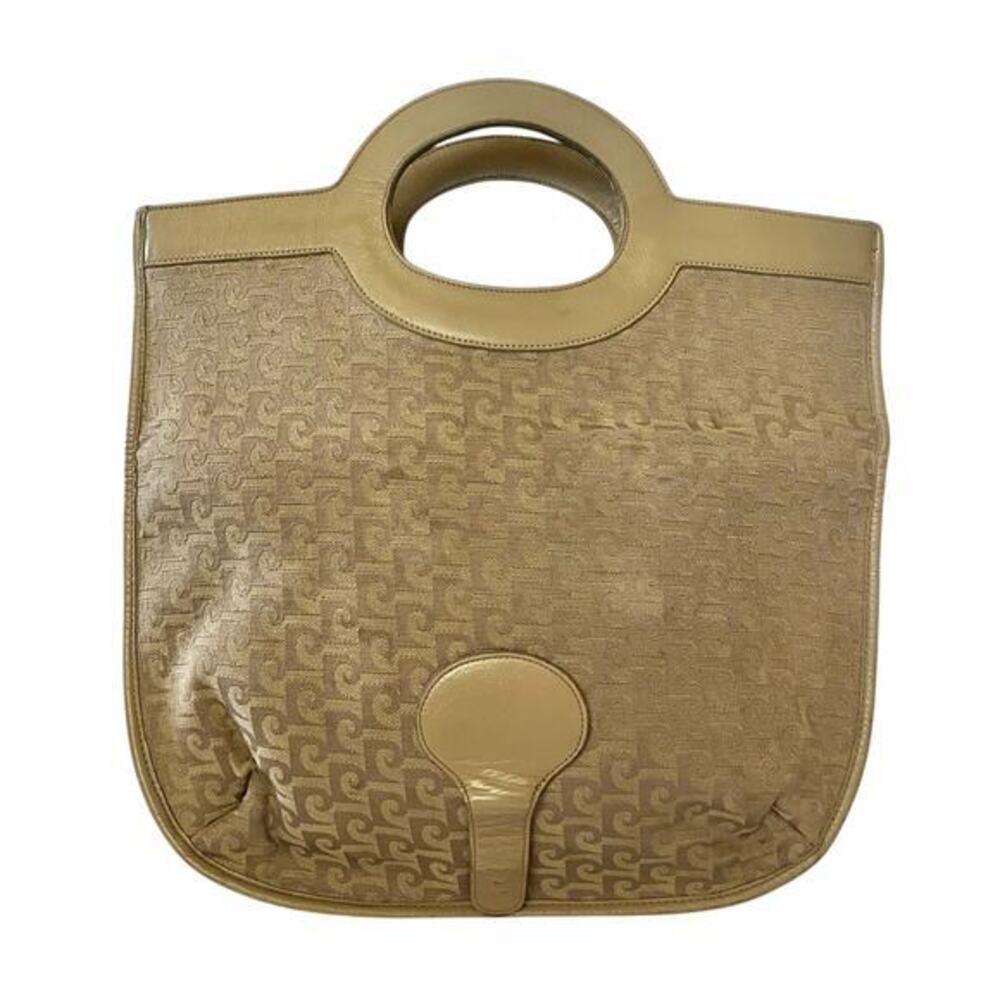 Pierre Cardin Vintage Jacquard Logo Beige Leather Foldover Tote Evening Bag